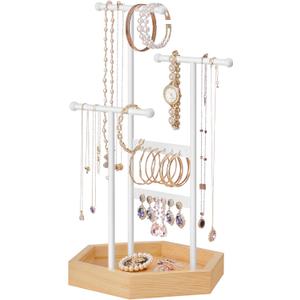 SONGMICS Jewelry Holder, Jewelry Organizer, 3 Tiers and 1 Tray, Jewelry Display Stand with Metal Frame, Necklace Earring Bracelet Holder, for Rings, Matte White and Natural Beige UJJS03NW 