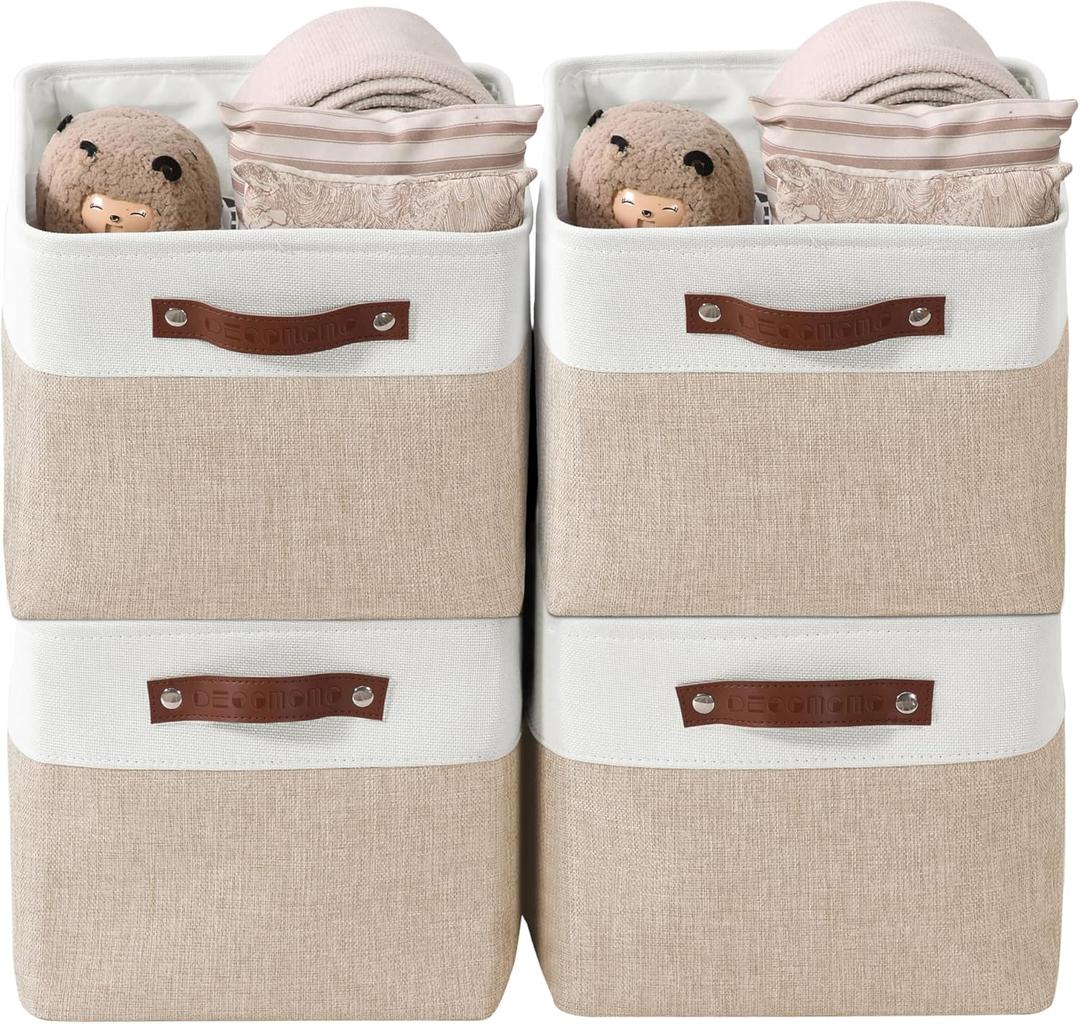 DECOMOMO Storage Bins, Large Fabric Storage Baskets for Shelves, Decorative Linen Closet Organizer, 15 x 11 x 9.5 inches (Beige & White, 4 Pack)