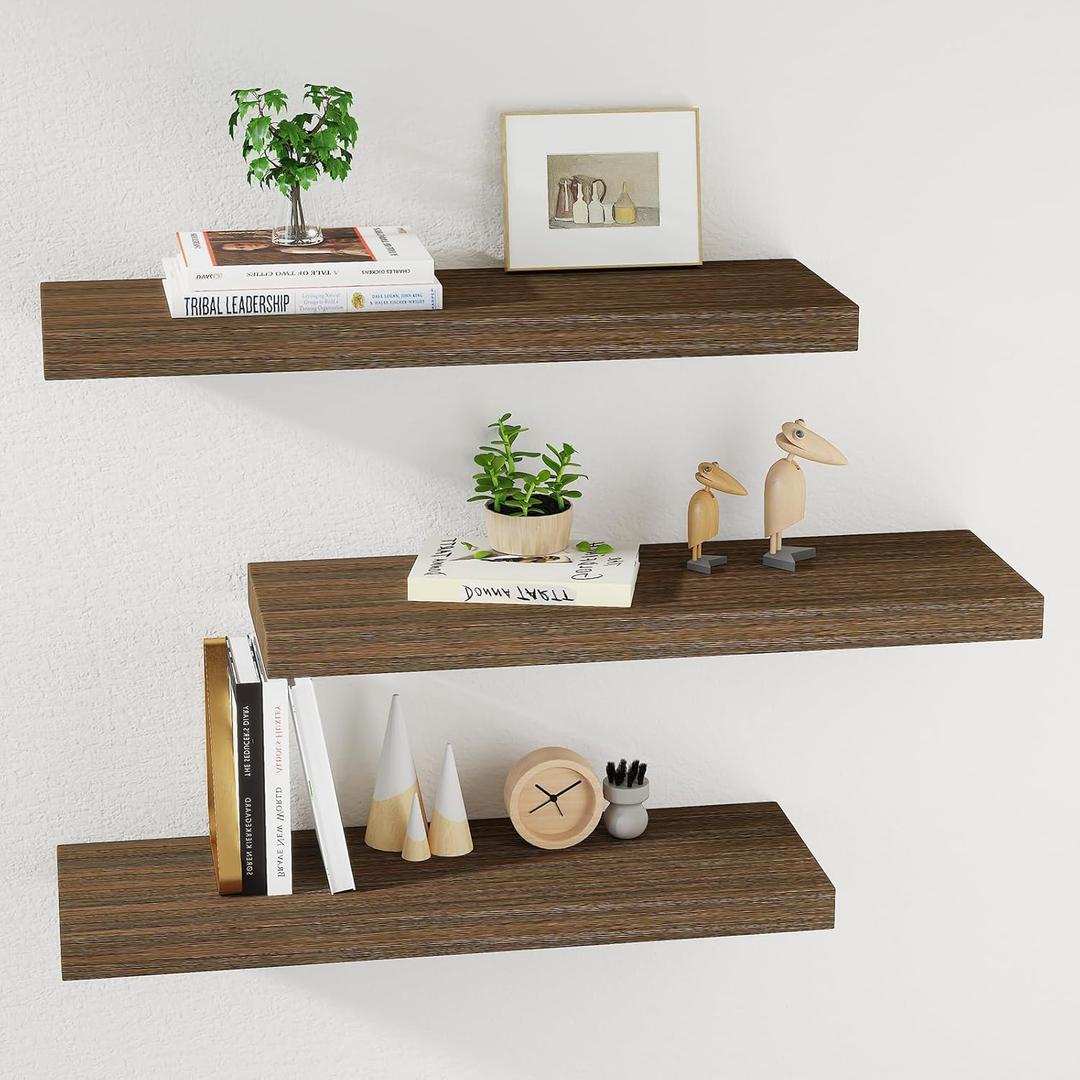Wall Shelves, 24 Inches Floating Shelves for Wall, Wall Mounted Wood Shelves for Bedroom Laundry Living Room, Solid Wood Display Shelves Decor (Brown, 24 Inches)