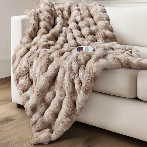 Electric Heated Blanket for Girls & Women, Soft & Luxurious, Faux Rabbit Fur Heating Throw Blankets, 6 Heat Settings, Overheat Protection, Quick Heating, Memory Function, Gift-Ready Design, 50"x60"