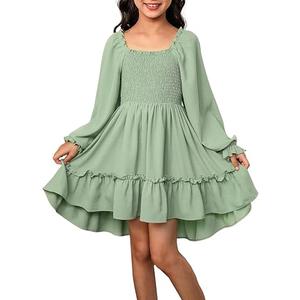 Blibean Girls Long Sleeve High-Low Hem Dress Fall Boho Ruffle Casual Tween & Teen, Wedding Guest, Christmas, Fall, Holiday, Formal, Party, Square Neck, Spring, Above Knee Midi A-Line, Size 10Y-11Y