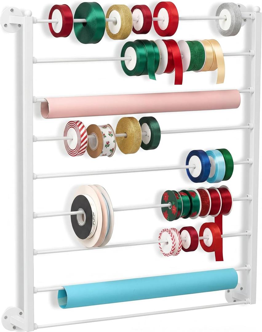 Menkxi 9 Tier Wall Mounted Ribbon Organizer Metal Ribbon Holder Organizer Rack Wrapping Paper Storage for Sewing Craft Mesh Thread Tape Wreath Crochet Craft Room Flower Shop(White)