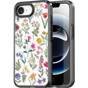 Compatible for iPhone 16E Case Cute - Durable Shockproof 6.6 ft Drop Impact Phone Case - Black Funny Nature Flower Design for iPhone 16 SE 4 6.1"