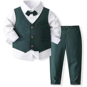 Boys 3Pcs Clothing Sets Long Sleeve Bowtie Shirts +Vest +Pants Casual Suit, Size 90
