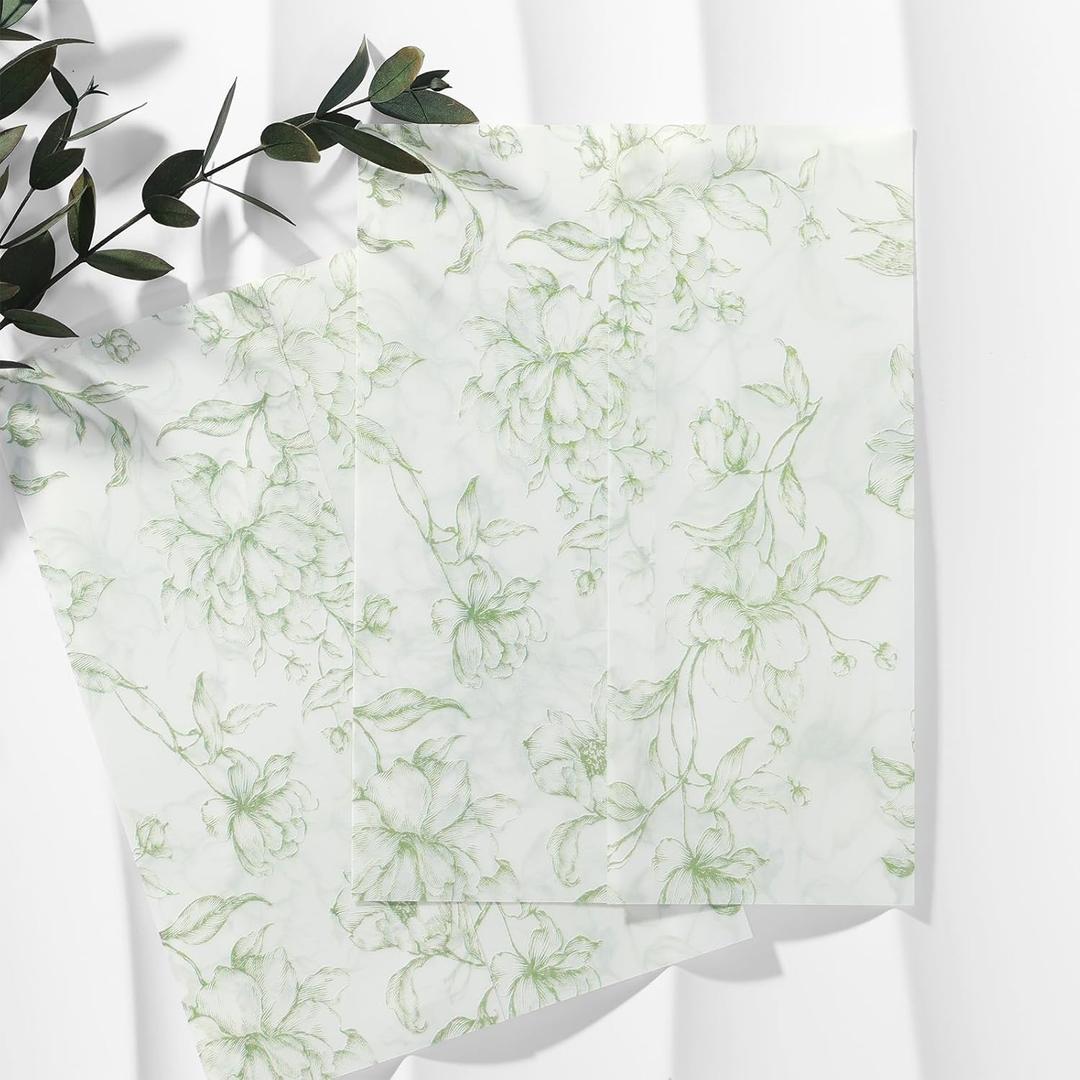 UNIQOOO 50 Pack Pre-Folded Green Grace Bloom Vellum Jackets for 5x7 Invitations, 115GSM Transparent Vellum Jacket for Vintage Themed Wedding & Events