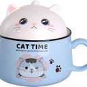 WHJY Cute Ramen Bowl Set，Kitty Ramen Bowl with Lid, Microwavable Ramen Cooker for Instant Ramen Noodles Soup Cups With Lid – 35 oz,Blue