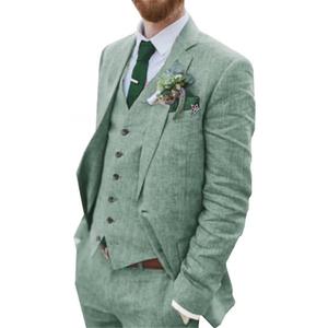 Wehilion Retro Linen Men Suit Beach Wedding Suit Summer Slim Fit 3 Pieces Light Weight Linen Suit Jacket Vest Pant Tuxedo (Large, Baby Blue)