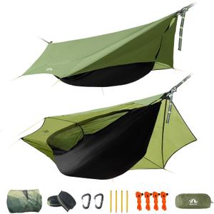 Night Cat Camping Hammock Tent: Lightweight Portable 4 in 1 Hammock with Rain Tarp and Mosquito Net for Hiking Jungle Outdoor (Green)