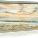 Beach Framed Wooden Wall Art: Large Coastal Picture Sunset Ocean Wave Painting Modern Sea Seaside Prints Seasacape Artwork for Living Room Bedroom Home Office