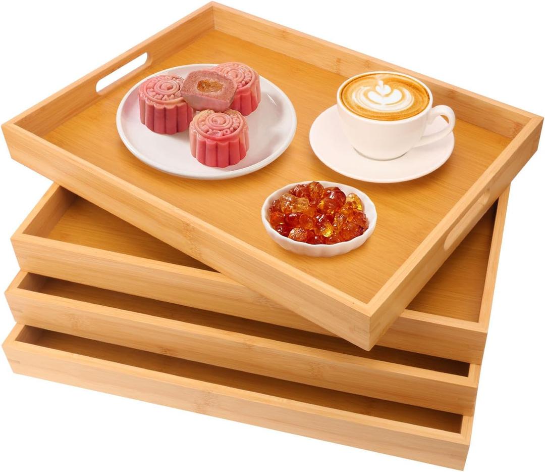 4 Pack Large Bamboo Serving Tray with Handles - 18 x 13 Inch Wooden Dinner Tray, Home Kitchen Decorative Tray, Breakfast Trays for Eating on Couch, Lap Trays, Coffee, Kitchen, Picnic