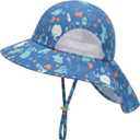 2 x Kids UPF50+ Protection Sun Hat with Neck Flap Wide Brim, Ponytail Beach Summer Bucket Hat for Girls Boys (Blue)