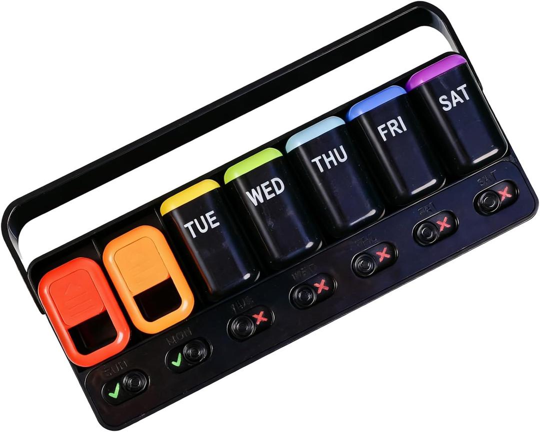 Sliding Lid Pill Organizer 7 Day Weekly Pill Box with 7 Detachable Containers, Leakproof Portable Medicine Case for Vitamins, Fish Oil, Supplements (Black)