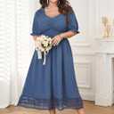 Plus Size Smocked Milkmaid Maxi Dress for Curvy Women Puff Sleeve Wedding Guest Summer Dresses Lace Trim (Blue, XL)