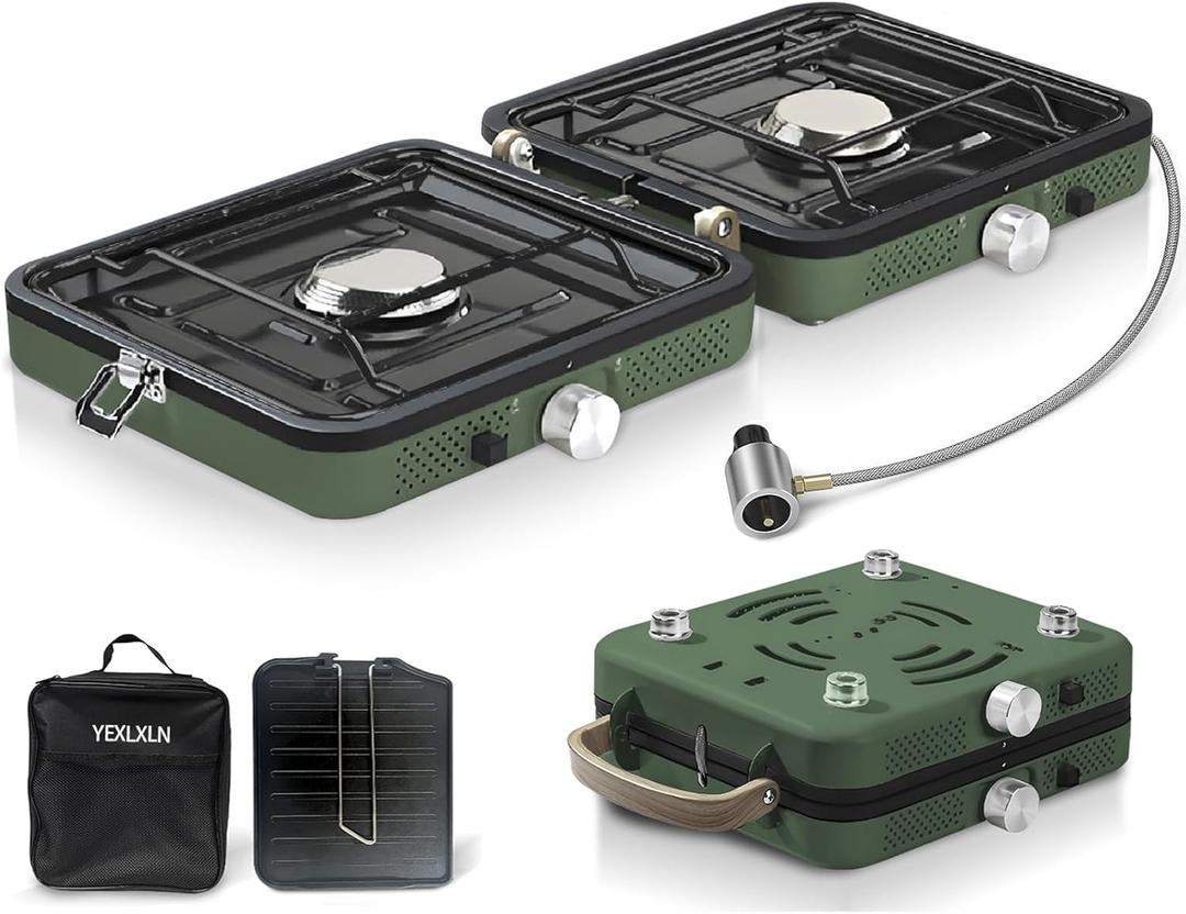 2-Burner Foldable Camping Stove with Griddle and Carrying Bag, Portable Propane Camp Stove with 2 Adjustable Burners & Piezo Ignition for Camping Tailgating Essentials Gear (Green)