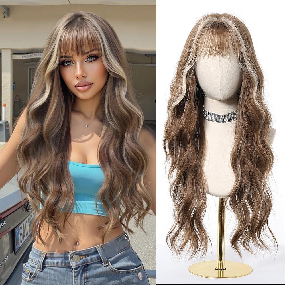 Esmee Long Wavy Highlights Light Brown Wigs for Women Natural Synthetic Hair Heat Resistant Wigs with Bangs for Daily Party Cosplay