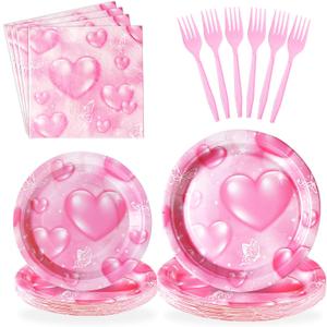 Grencian 96Pcs 2000s Party Decorations Pink Heart Plates and Napkins Disposable Y2k 90s Pink Heart Paper Tableware Set for Birthday Wedding Baby Shower Y2K Party Supplies, Serves 24