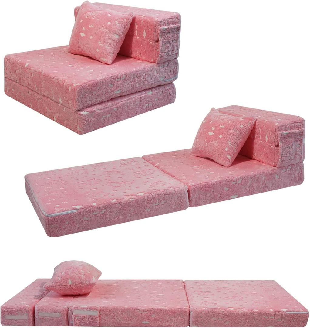 MeMoreCool Glow Pink Unicorn Tri-fold Sofa Bed for Kids, Foldable Futon Chair and Floor Couch, Convertible Trifold Mattress for Playroom