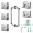 Shower Door Hardware Kit 304 Stainless Steel for 6/25"-1/2" (6mm-12mm) Tempered Glass, Hardware Accessories with 8" Handles Hinges Glass Clamp - Brushed Silver