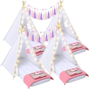 Windyun 4 Pack Kids Teepee Tent Kit with Lights and Inflatable Airbed and Bedding Fitted Sheet, Personalized Toddler Play Washable Slumber Party Tent for Girls Boys Indoor Outdoor Birthday Gifts