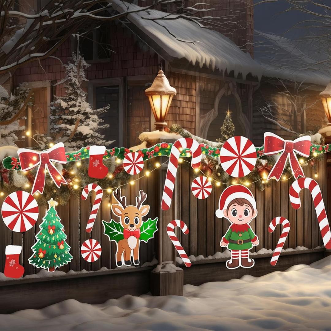 22 Pcs Christmas Fence Decorations Outdoor Xmas Garland Deer Gingerbread Peppermint Candy Yard Signs with LED String Lights for Christmas Holiday Outside Lawn Garden Window DIY Decor