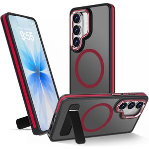 Magnetic Case for Samsung Galaxy S26, Built-in Invisible Kickstand, Compatible with MagSafe, Military Grade Shockproof, Non-Slip Comfort Grip Protective Phone Case, Red