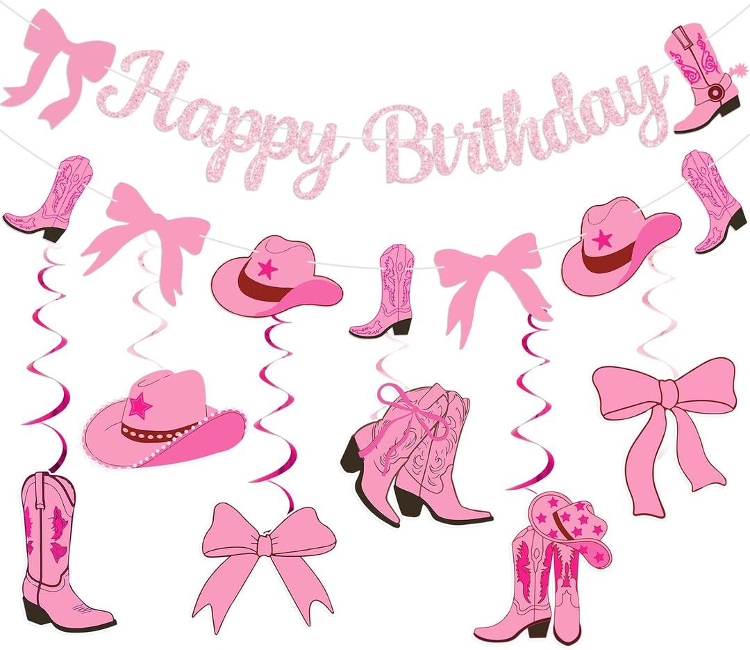 Coquette Cowgirl Birthday Party Decorations Banner Cowgirl Themed Party Decorations with Glitter Banner Garland Hanging Swirls for Western Cowgirl Bows Birthday Themed Party