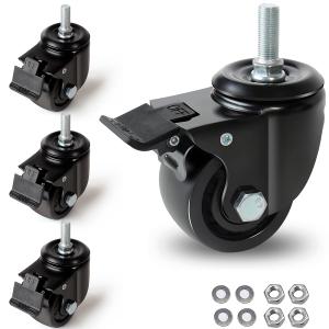Caster Wheels Heavy Duty, 3 inch Stem Casters 4400LBS, 1/2"-13 x 1 Threaded Stem Casters with Brake, Low Profile Casters Set of 4, Swivel Wheels for Cart, Furniture