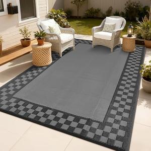 Outdoor Rug 8x10 Waterproof Patio Rugs Modern Checkered Reversible Mat for Front Door Rv Foldable Plastic Straw Carpet for Travel Trailers, Deck, Picnic, Porch, Camper, Balcony, Beach, Grey