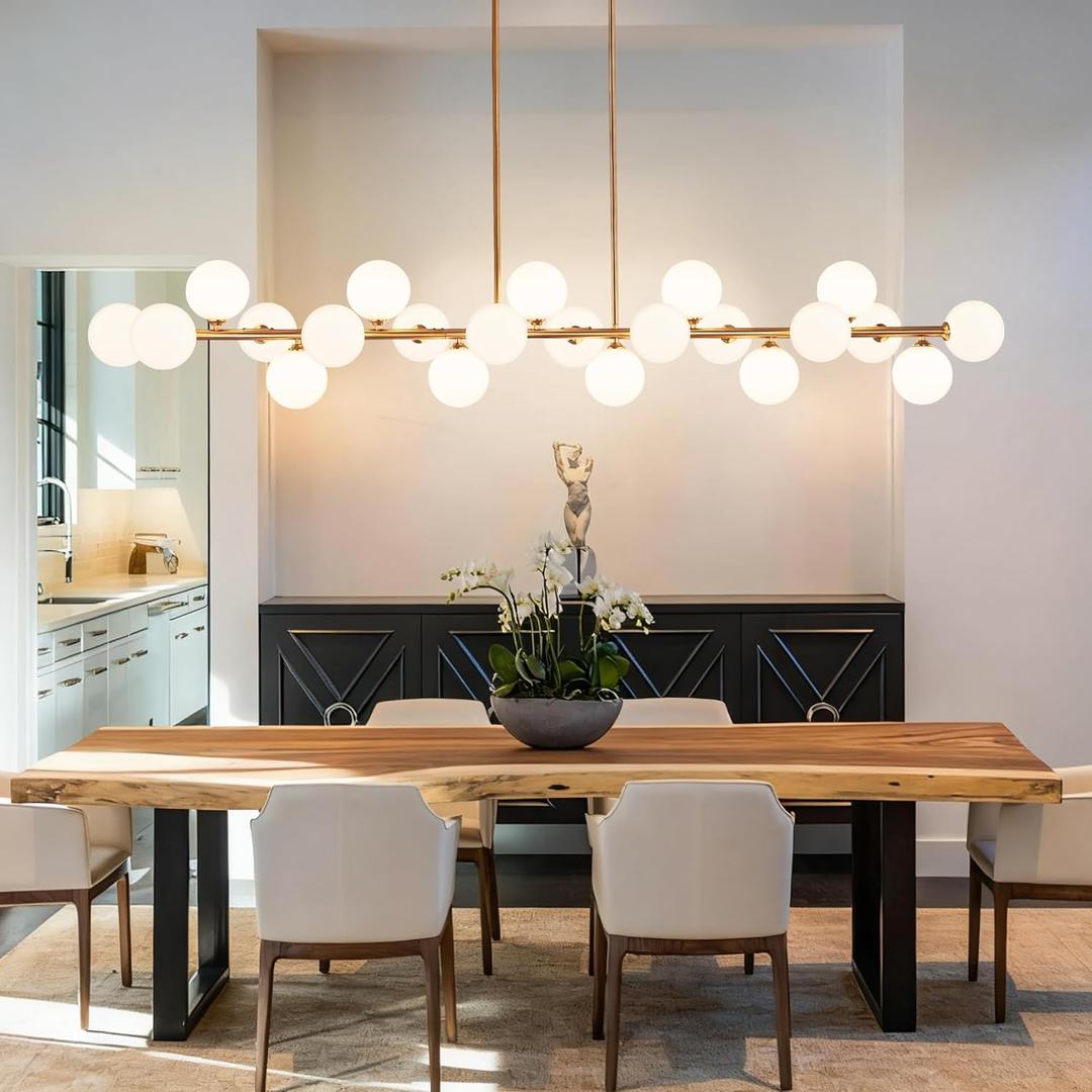 Gold Linear Chandelier Mid Century Modern Linear Chandelier with 22 Lights White Glass Globe, Large Long Sputnik Pendant Light for Dining Room, Living Room, Kitchen Island, Dia 70 Inch