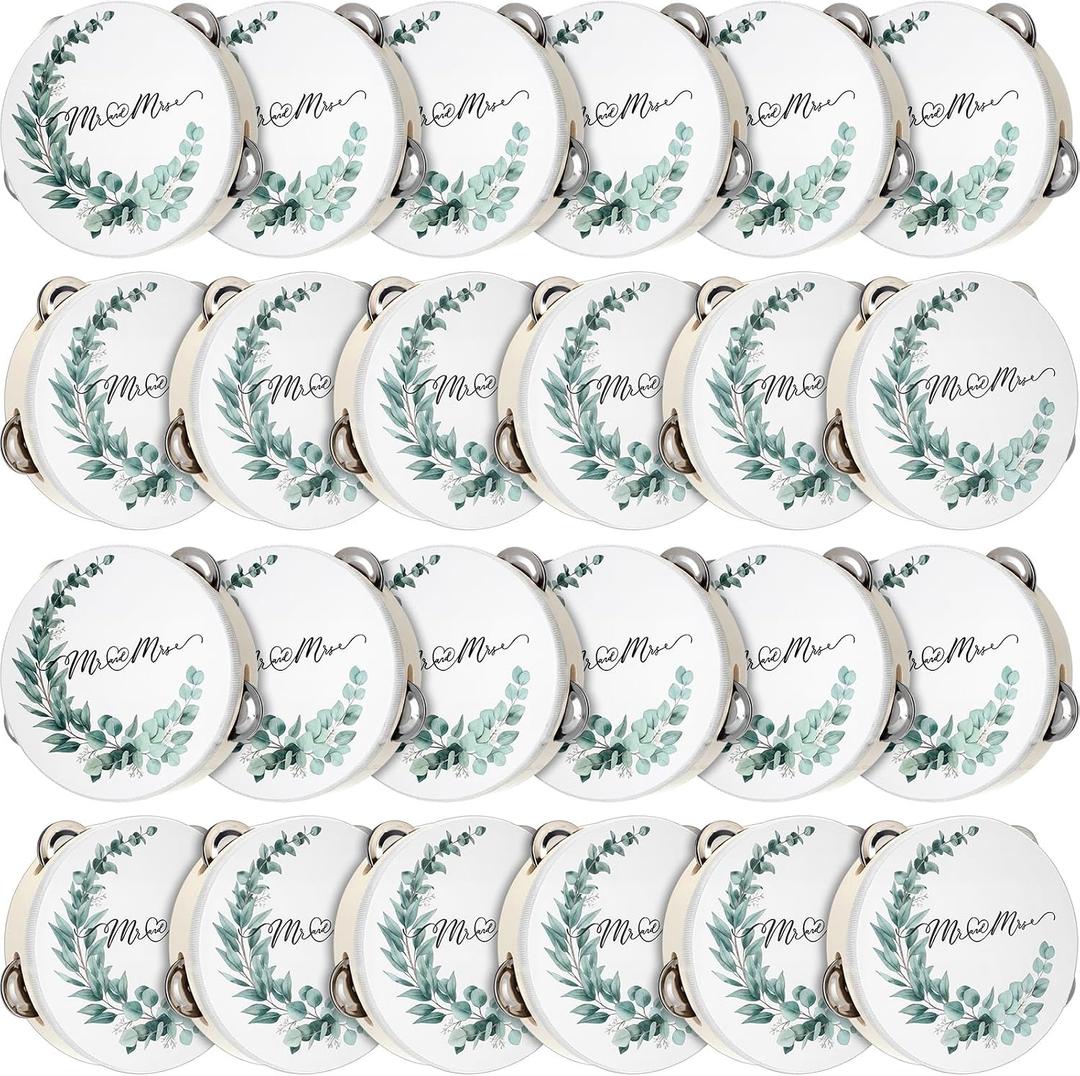 24 Pcs Wedding Tambourines Bulk for Adults, 6 Inch Wooden Handheld Drum with Metal Jingles Thank You Cards, Percussion Gift Musical Instrument for Church Bridal Shower Party Celebration