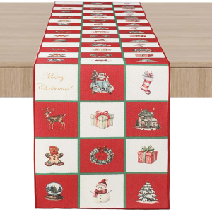 OWENIE Christmas Table Runner, Vintage Style Christmas Table Decor with Classic Holiday Elements, 13×90 Inch Linen Table Runner for Christmas Dinner, Party, Home Decor