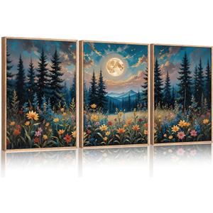 Large Nature Moon Wildflowers Framed Canvas Wall Art,Vintage Forest Flowers Wall Decor,Dark Mountain Night Painting,Wilderness Artwork for Living Room,Bedroom,Dining Room,Office -16"x24"x3