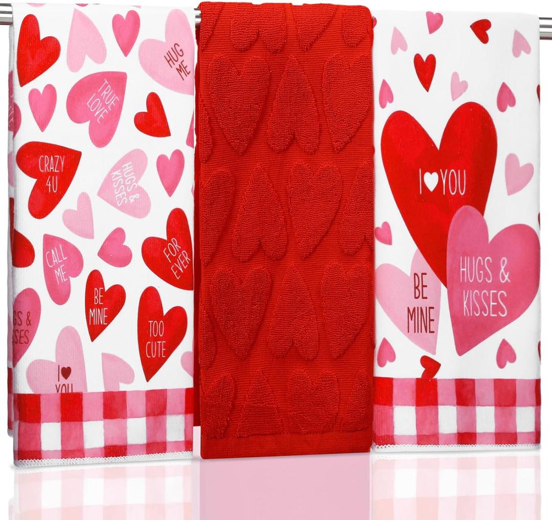 Moukeren 3 Pcs Valentine's Day Hand Towels 16" x 28" Red Pink Heart Decorative Bathroom Towels Valentine's Day Cotton Absorbent Gift Set for Kitchen Bathroom Gift Decor