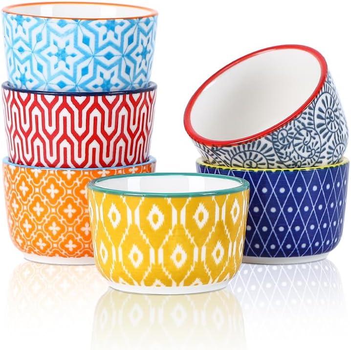 Selamica Ceramic Mini Ramekins, 2 OZ Creme Brulee Ramekins Oven Safe, Dipping Sauce Cups for Condiments Side Dish, Set of 6, Assorted Colors