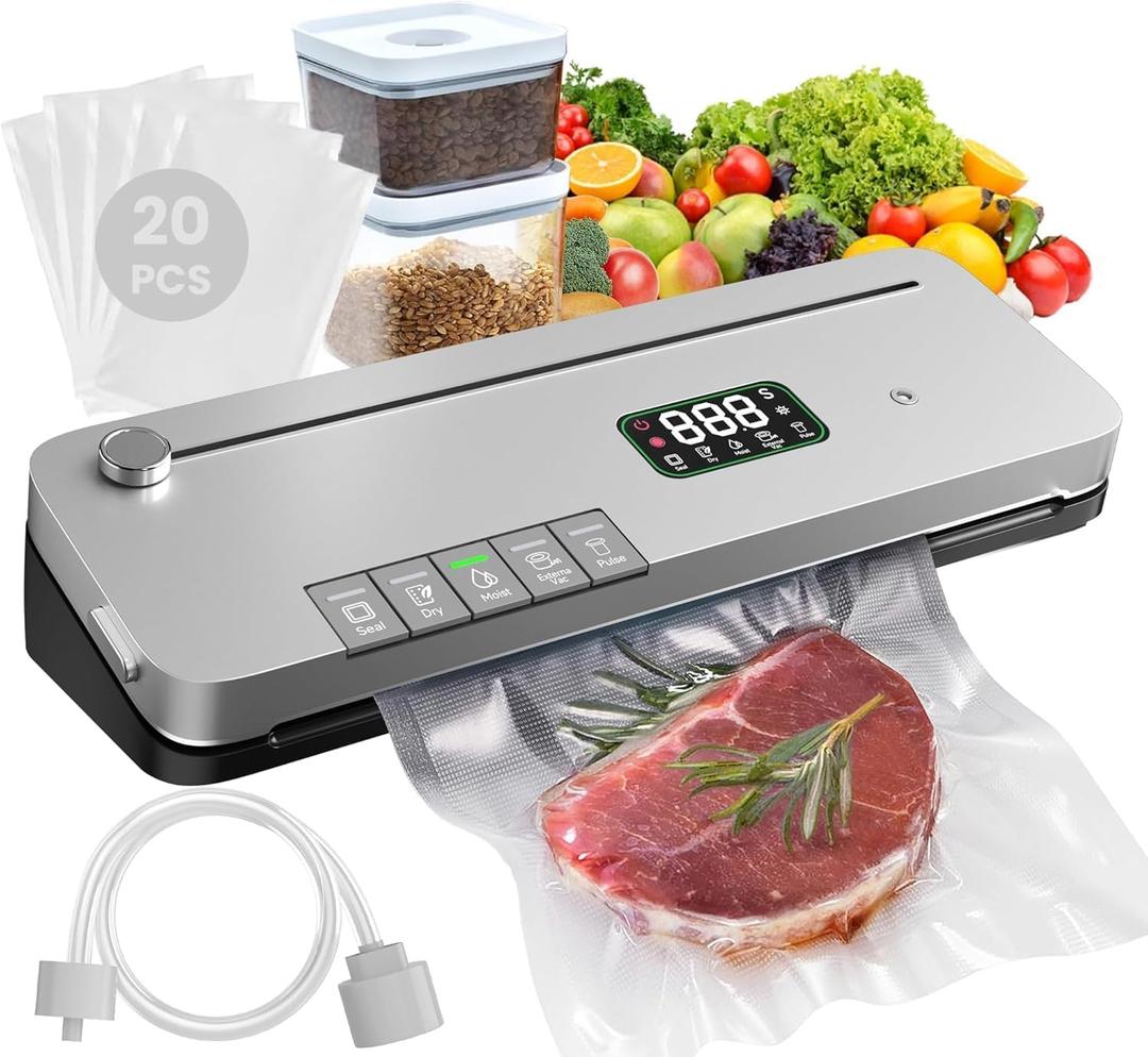 Food Vacuum Sealer Machine, 75KPa Strong Suction, Digital Timer, Built-in Cutter, Pulse Function, Dry & Moist Modes, External Vacuum for Jars & Containers, 20 Vacuum Sealer Bags Included (Gray Black)