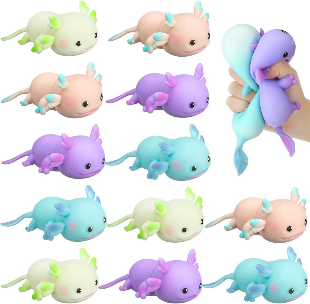 Meooeck 12 Pcs Stress Relief Cute and Fun Animal Toys for Birthday Party Christmas Stocking Stuffer Supplies Favors and Decorations Ideal for Boys and Girls Autism (Multicolor, Axolotl)