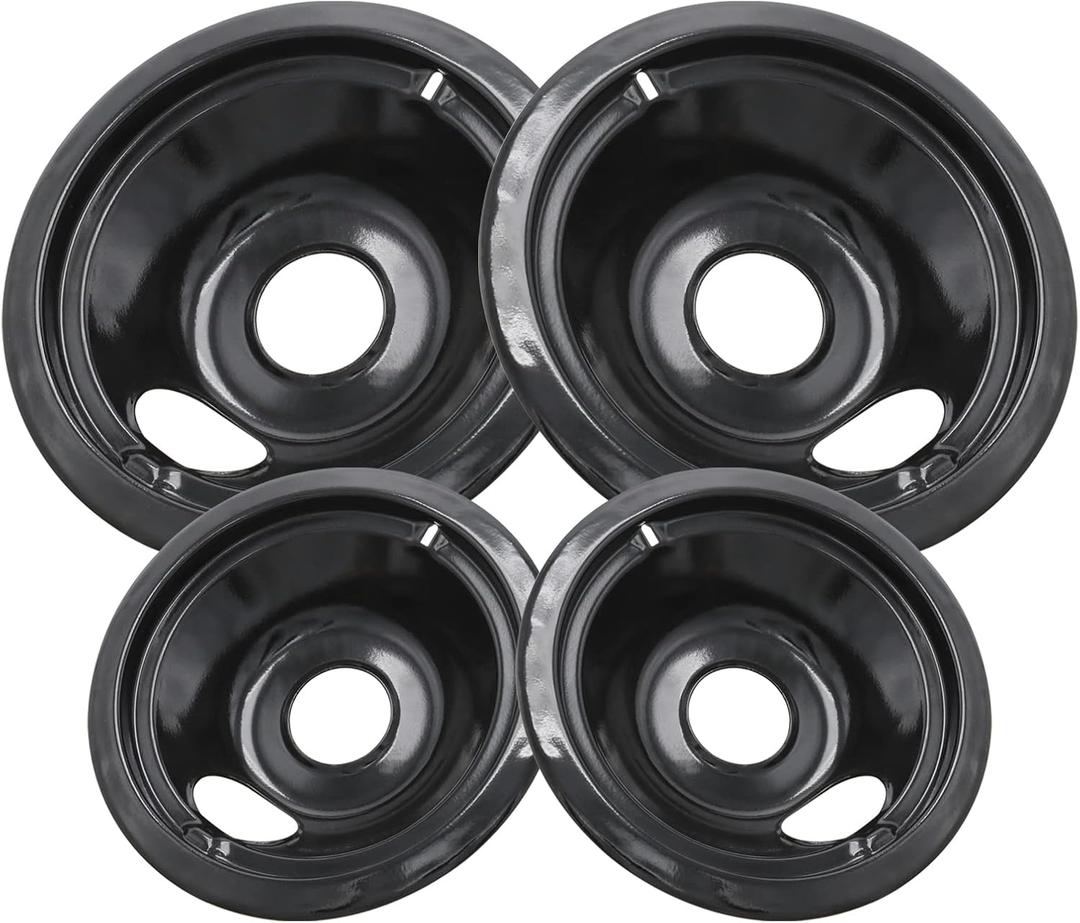 GE Black Stove Drip Pans, 10% Energy Save by Enamel Spraying Prevent Bending and Rust - Include 2 6'' Burner Drip Pans and 2 8'' Drip Bowl