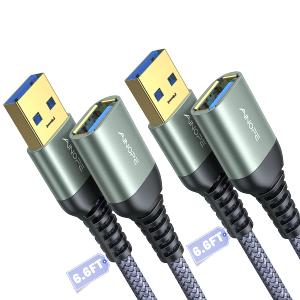 AINOPE 2 Pack USB Extensions Cable High Speed USB 3.0 Extension Cord Type A Male to Female Sturdy Braided Material Fast Data Transfer Compatible with USB Keyboard, Mouse, Flash Drive, Grey,6.6FT+6.6FT