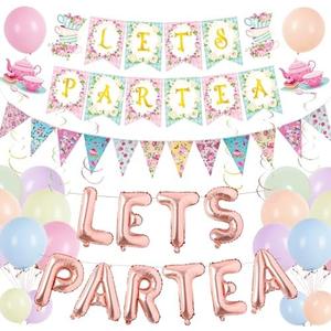 Tea Party Decorations for Women Girls, Lets Par Tea Balloons Hanging Swirl Teapot Garland Latex Balloon Bunting Decor, Floral Wonderland Theme Decoration for Birthday Baby Shower Party Supplies