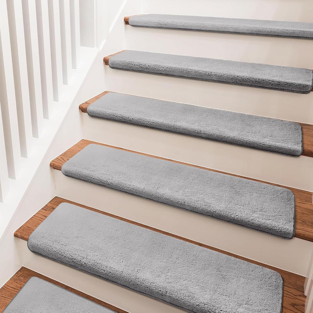 PURE ERA Carpet Stair Treads Ultra Plush 9.5" X 30"Soft Bullnose Indoor Stair Protectors Pet-Friendly Non-Slip Skid Resistant Tape Free Washable Reusable(14 Pieces,Gray)