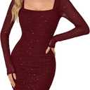 Rooscier Women's Mesh Sparkly Long Sleeve Mini Dress Sexy Bodycon Ruched Club Short Dresses (Red, M)