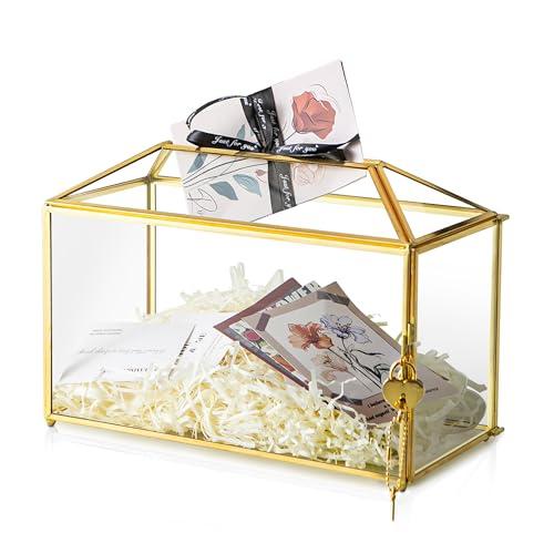 Sanllusit 12.6" x 6" x 9" Wedding Card Box with Slot and Lock, Glass Card Holder for Party Reception, Centerpiece, Home Decorative, Gold (Glass Box Only) Slot Length 7.3 Inche