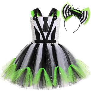 Kids Girl Halloween Costume Black White Striped Ruffle Tulle Tutu Dress with Headband Cosplay Birthday Party Outfit (8-9 Years)