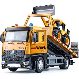 HAPYAD Tow Truck Toy Metal Cab, Flatbed Tow Truck Toys for Boys with Backhoe Loader, Friction Powered Transport Trailers with Lights and Siren Sounds, Construction Vehicles for Kids 12.5"