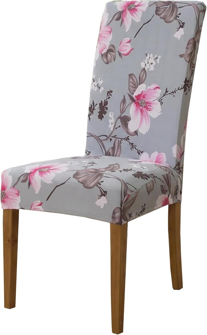 Chair Covers for Dining Chairs Set of 4, Stretchy Soft Parson Chair Covers Removable Washable Kitchen Dining Room Chair Slipcovers with Elastic for Universal Fit (Gray with Flowers)