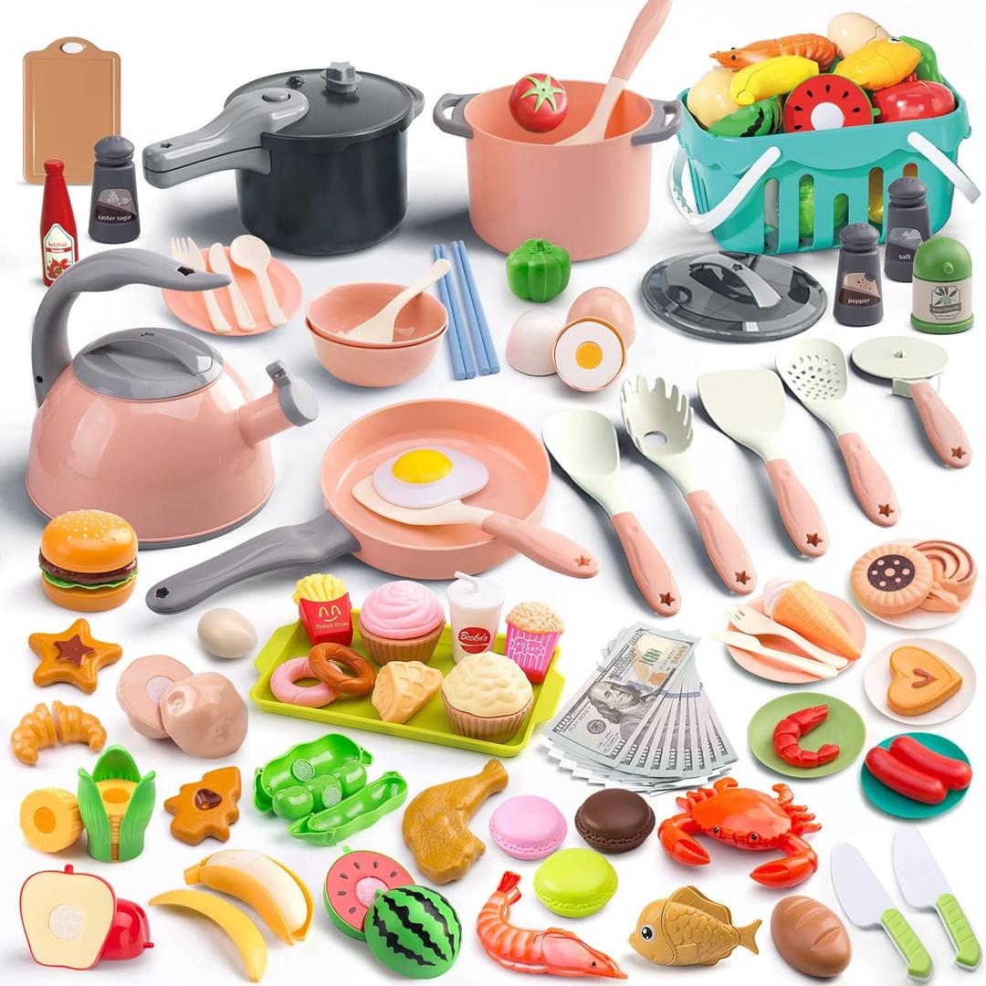 130Pcs Kitchen Playset, Toddler Pretend Cooking Play Pots, Pans, Utensils Cookware, Daily Food Fruit Veges, Shopping Storage Basket, Dessert, Prop Money, Learning Gift for Child (Pink) (Pink)