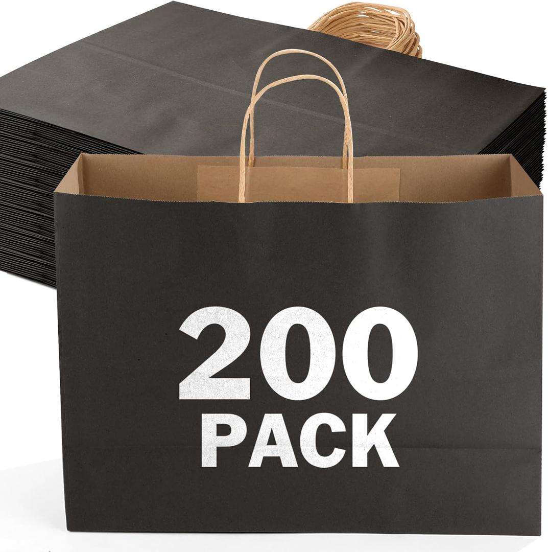 XPCARE 200Pack Large Paper Gift Bags with Handles Bulk,16x6x12 Inch Plain Natural Kraft Bag Packaging Black Paper Bags for Birthday Party Boutiques Business Retail Stores Merchandise