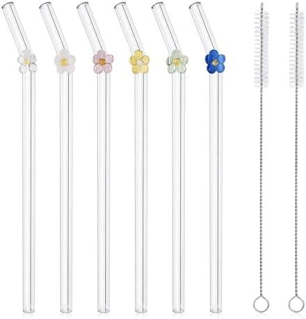 DUMING-IN 6 Pcs Reusable Glass Straws with 2 Cleaning Brushes, Cute Colorful Flower Glass Straw Shatter Resistant, Reusable Straws Dishwasher Safe for Smoothies, Milkshakes, Juices, Teas