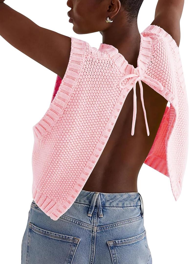 Cioatin Women Y2K Backless Tie Up Knit Crop Sweater Vest Sleeveless Round Neck Split Open Back Pullover Summer Tank Tops (Pink, M)