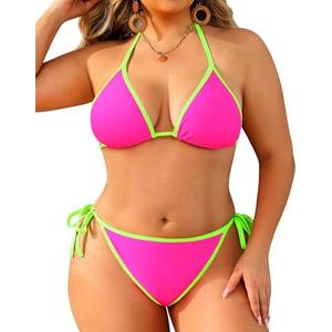 Tempt Me Women Plus Size Triangle Bikini Sets String Two Piece Halter Swimsuits with Tie Side Bottom 12W